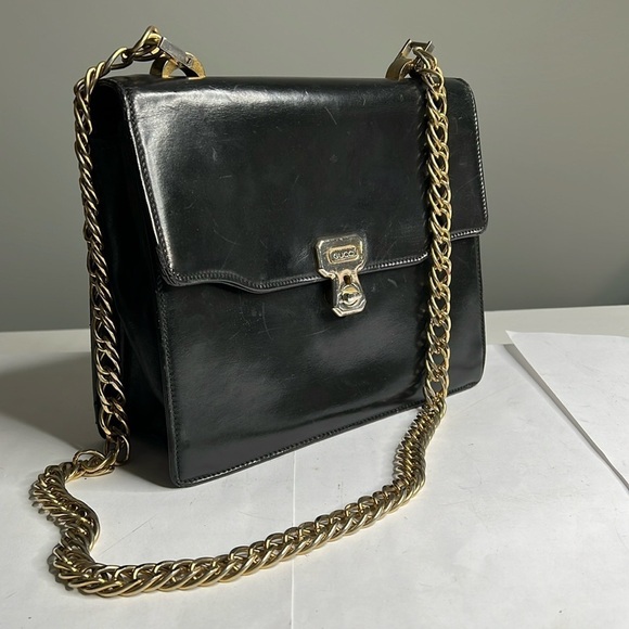 Gucci 1970’s Structured Black Leather Handbag on 18” Chain - Picture 1 of 16